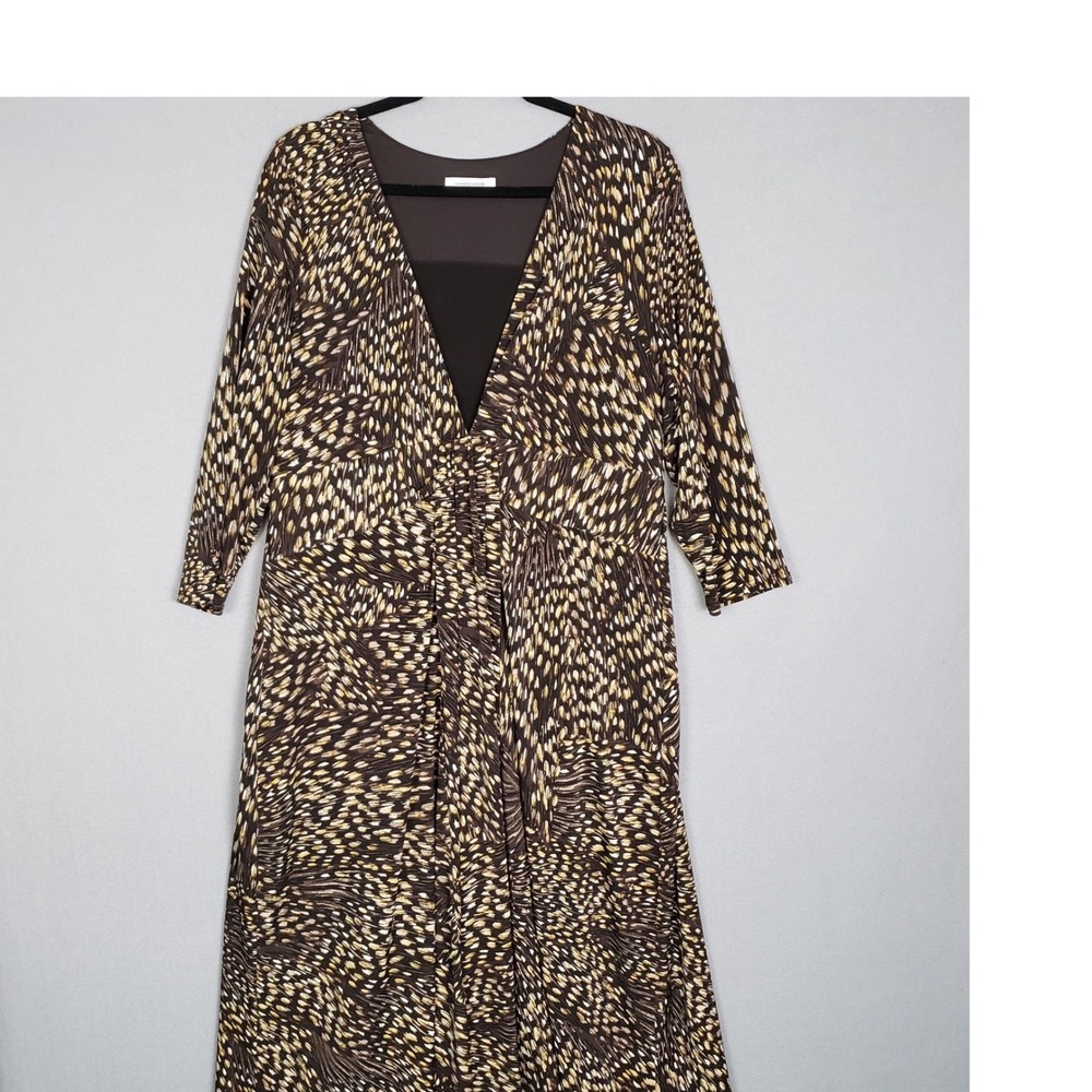 Windsmoor Elbow Sleeve Midi Dress Brown  Abstract Animal Print Pleated Front XL